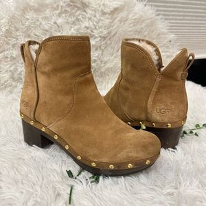 UGG Cam 2 Suede Sheepskin Chunky Heel Ankle‎ Boots Side zip Chestnut Size 6